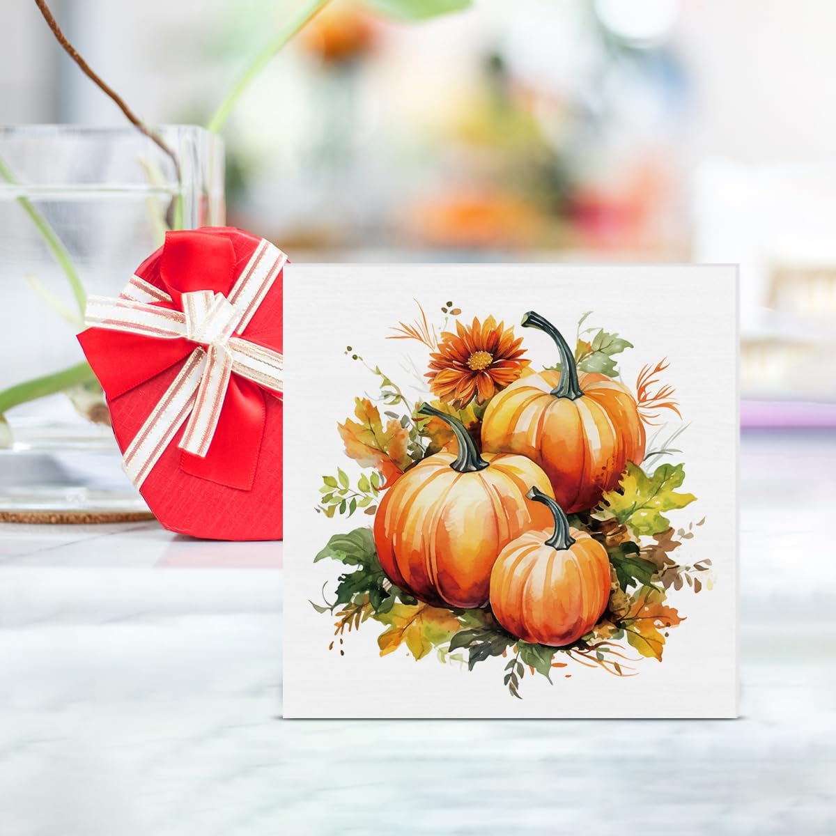 Fall Decor Farmhouse Pumpkins Wooden Box Sign Tabletop Decor 5 x 5 Inches