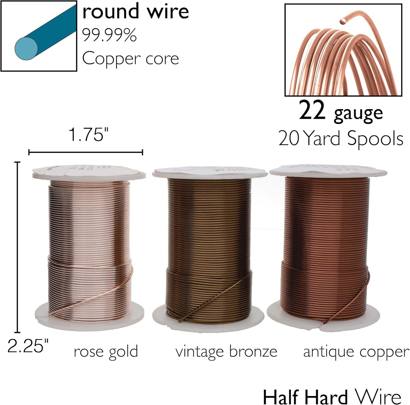 The Beadsmith Wire Elements 22-Gauge Lacquered Tarnish-Resistant Copper Wire for Jewelry Making, 4-8 Yard, 18.29 Meter Spools (Antique Copper, Vintage Bronze, &#x26; Rose Gold Color)