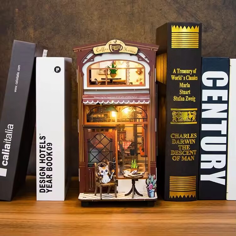 Coffee House Dollhouse Kit - Miniature Wizardi Roombox Kit with LED Light F07M51-84-M2411