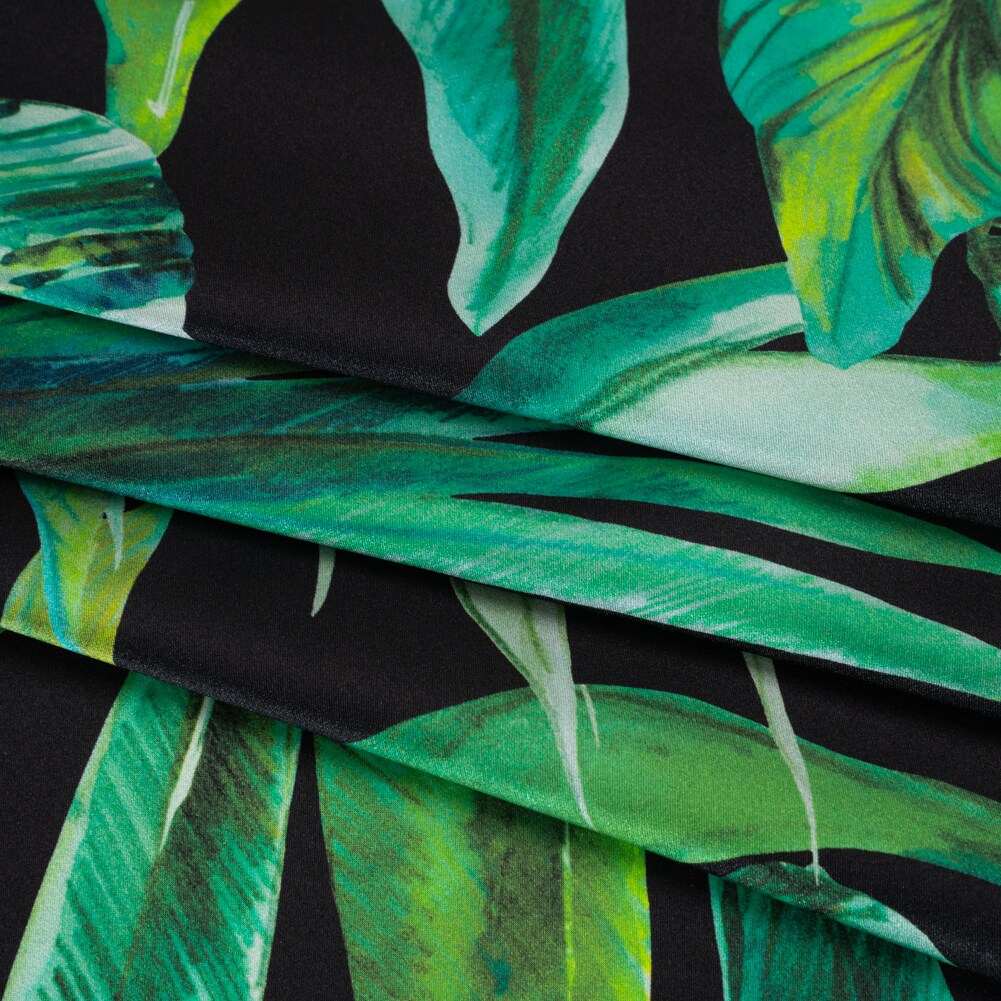 1 Yard Silk Charmeuse Print Black & Green Tropical Leaves 53" Wide Luxury Fabric for Dresses, Skirts & Blouses