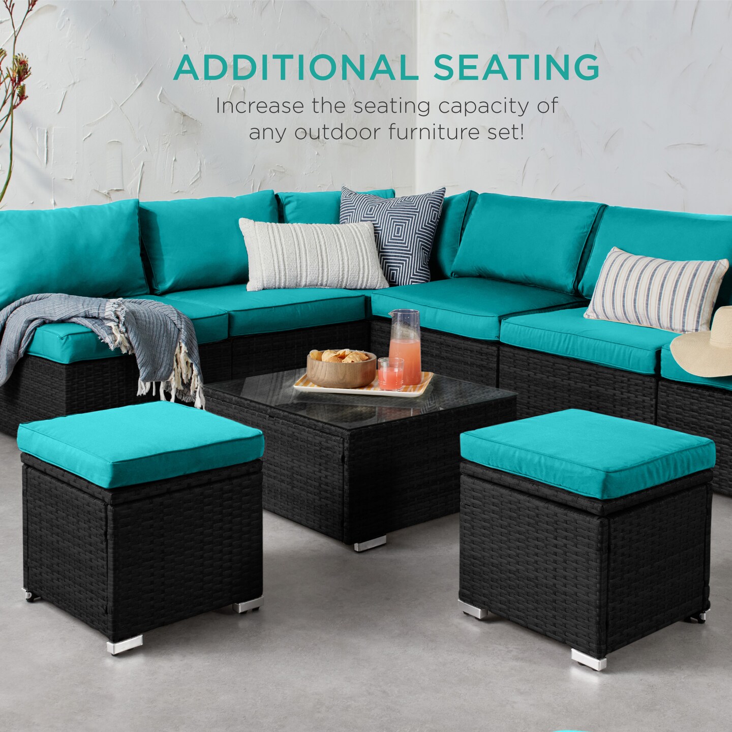 Best Choice Products Set of 2 Wicker Ottomans, Multipurpose Furniture w/ Removable Cushions, Steel Frame