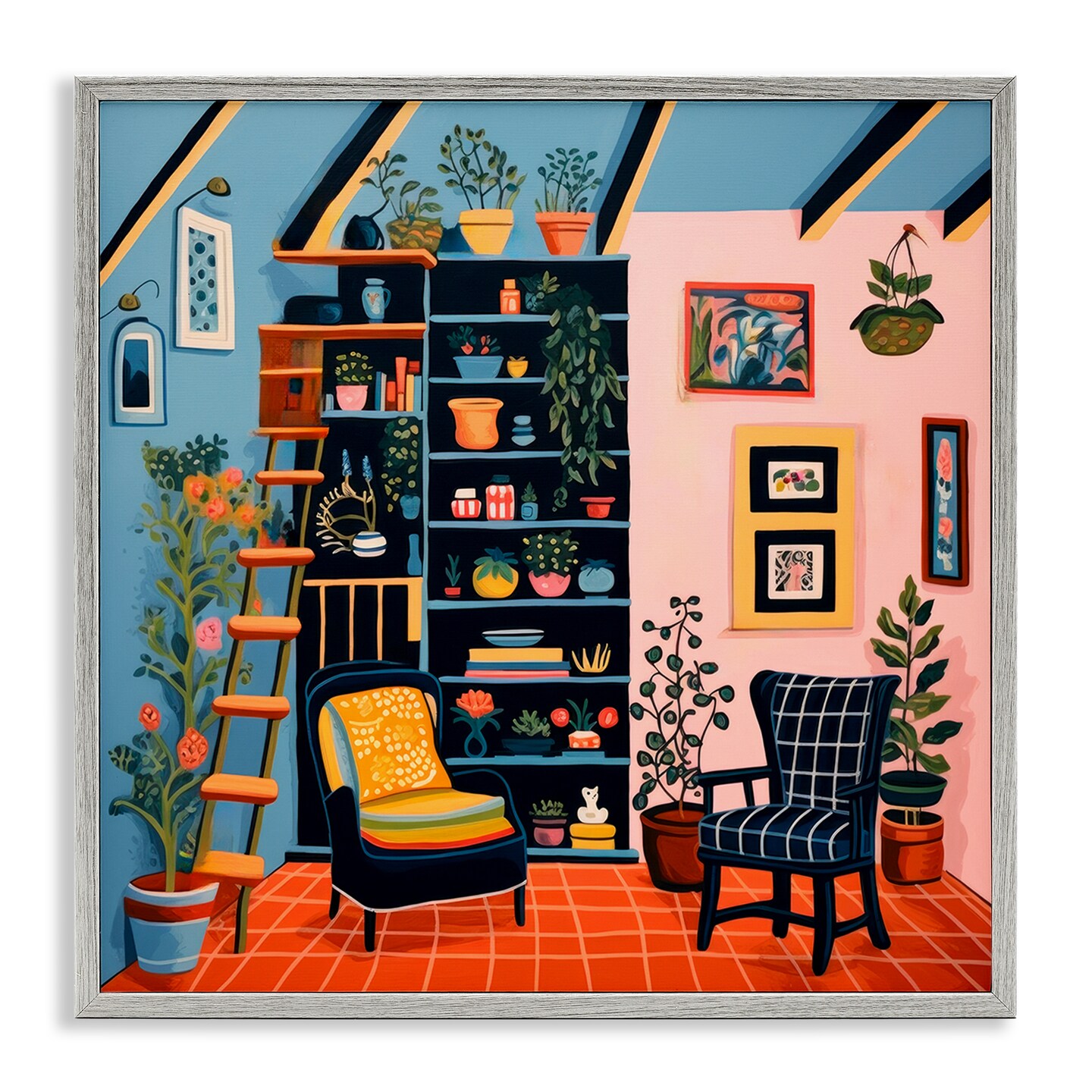 Stupell Industries Bookshelf Scene &#x26; Plants Framed Giclee Wall Art Design by Lazar Studio