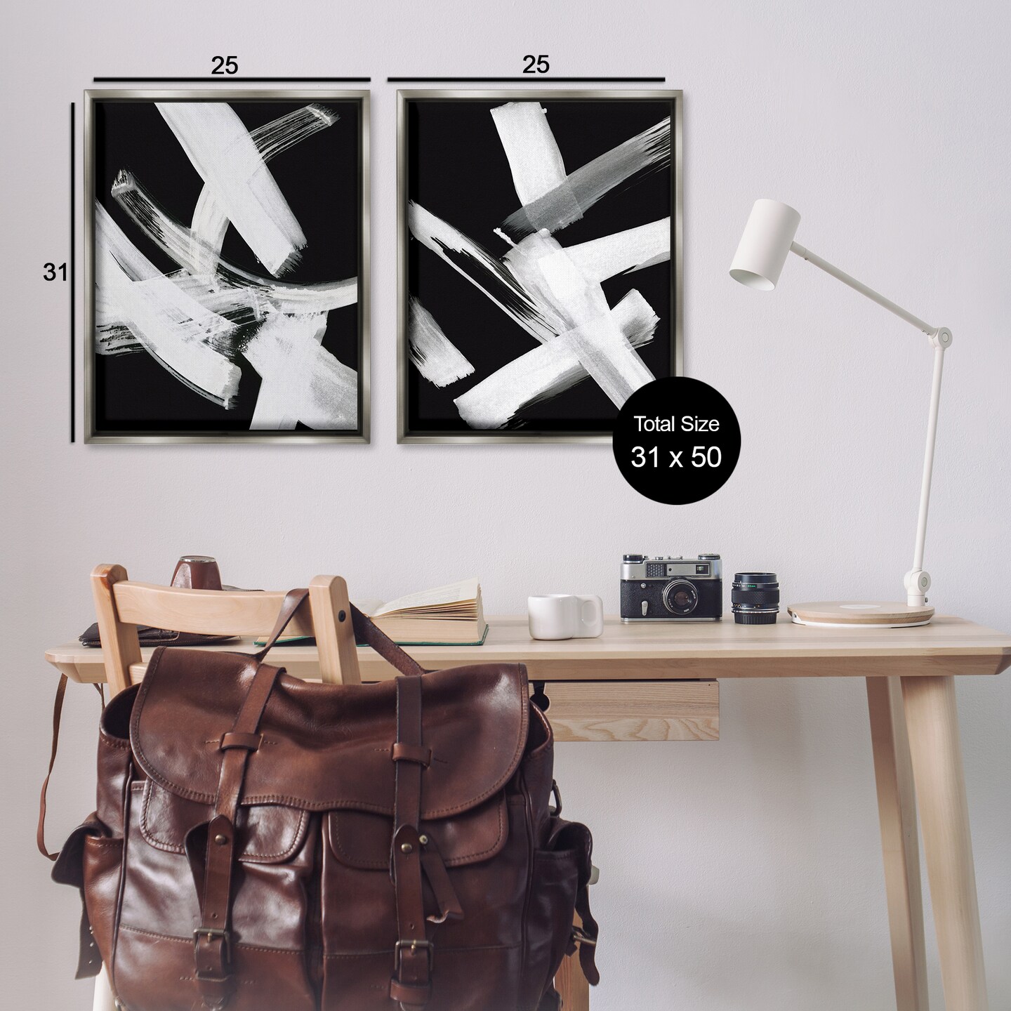 Stupell Industries Abstract Lines White on Black 2 pc Framed Floater Canvas Wall Art Set Design by Susan Jill