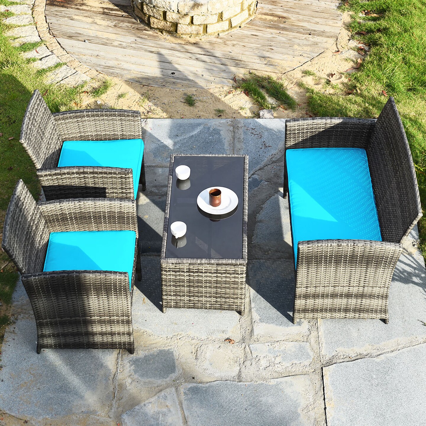 Costway 4PCS Patio Rattan Furniture Set Conversation Glass Table Top Cushioned Turquoise/Red/Grey/Beige/Navy/Black