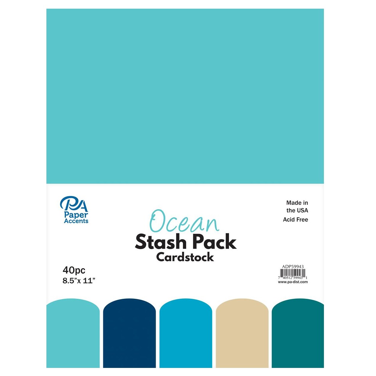 PA Paper Accents Stash Pack Cardstock Pack 8.5" x 11" Ocean, colored cardstock paper for card making, scrapbooking, printing, quilling and crafts, 65lb., 40 pieces