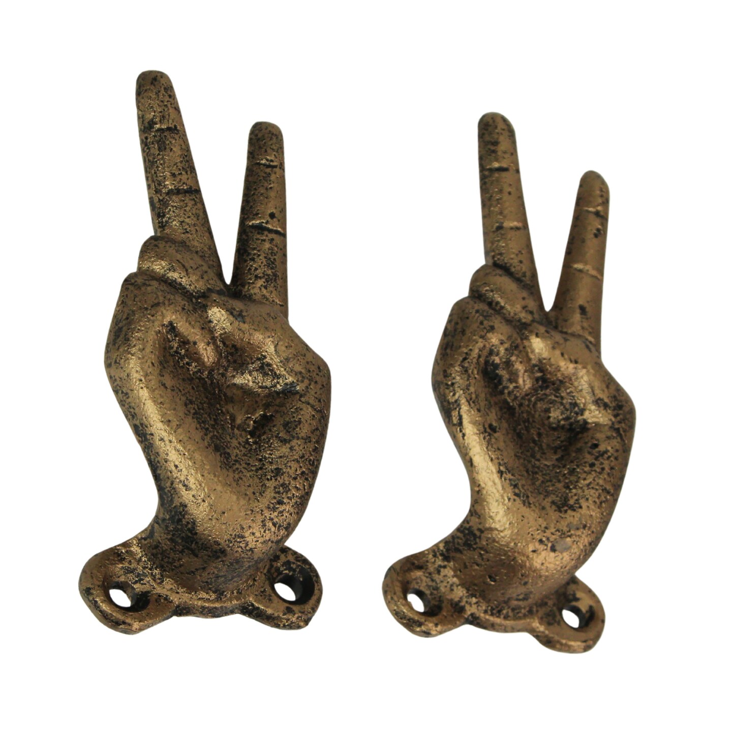 Set of 2 Cast Iron Peace Sign Hand Hooks &#x2013; Vintage Gold Wall Decor for Entryway, Bedroom, or Office &#x2013; Unique, Easy-to-Mount Hooks for Keys, Accessories, and More