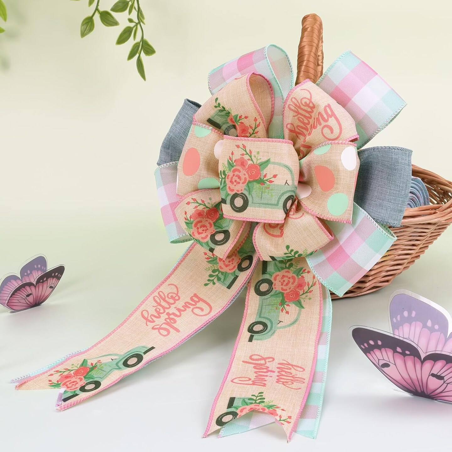 Spring Ribbon Wired 4 Rolls 2.5 Inch x 24 Yards TTL, Blue Car and Floral Ribbon with Plaid and Polka Dot Printed