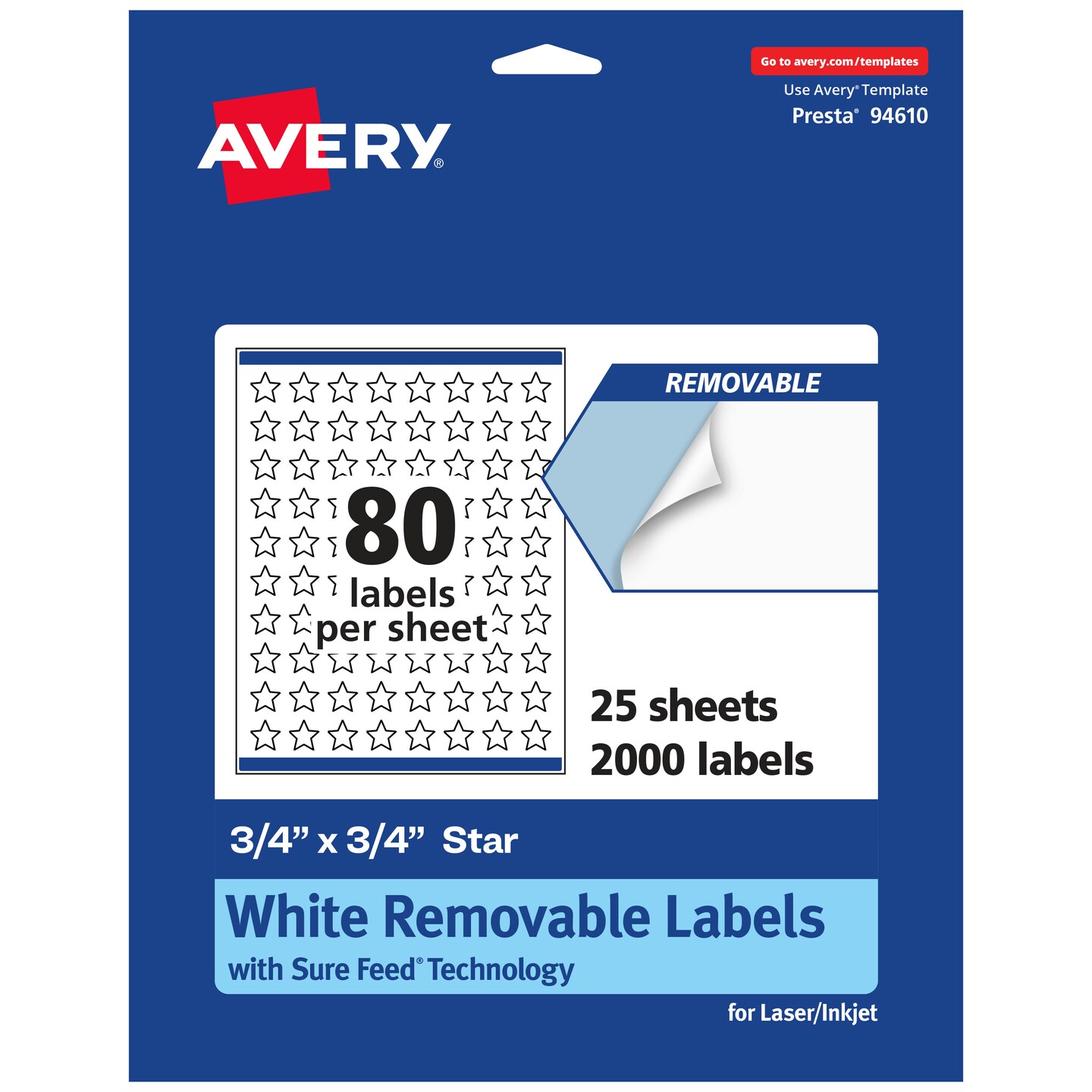 Avery Matte White Removable Star Labels with Sure Feed Technology, Print-to-the-Edge, .75" x .75"