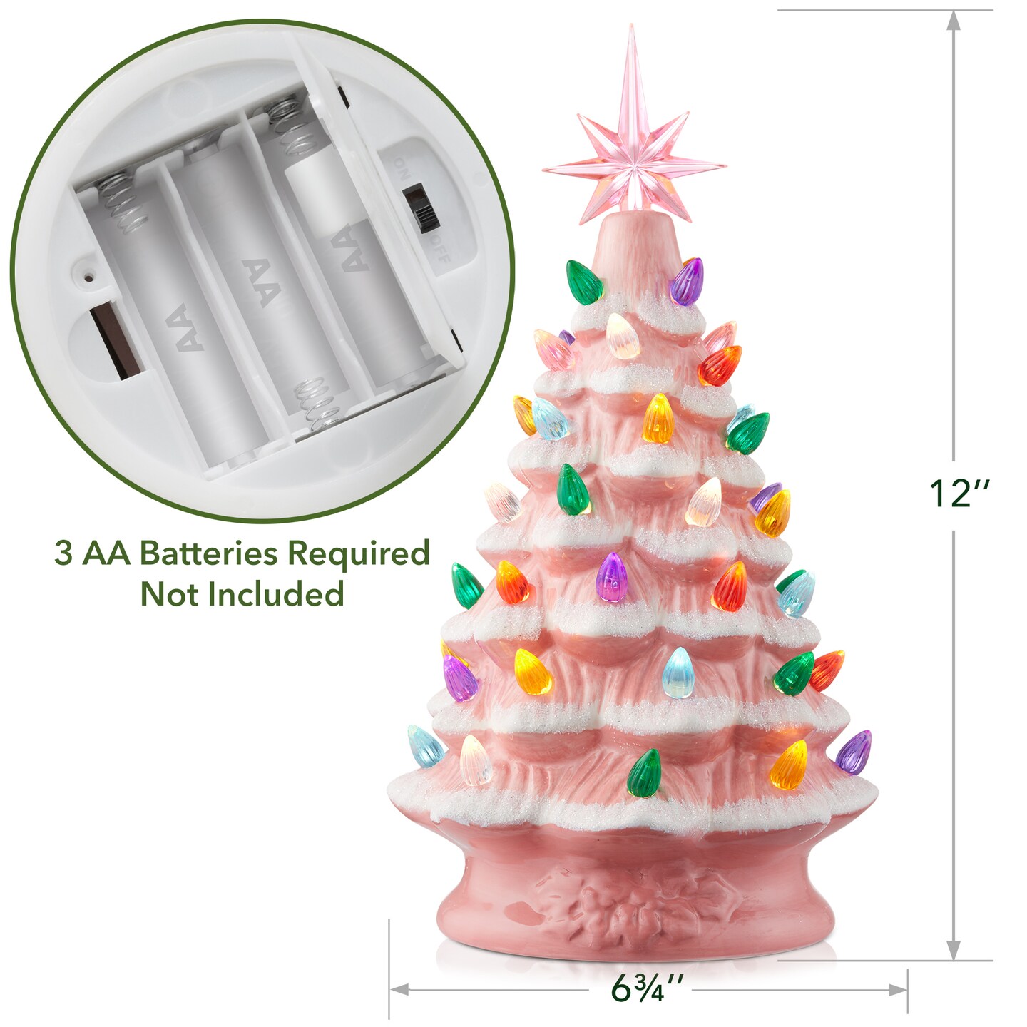 Casafield Hand Painted Ceramic Christmas Tree, 12-Inch Pre-Lit Tree with 100 Multi Color Lights and 2 Star Toppers