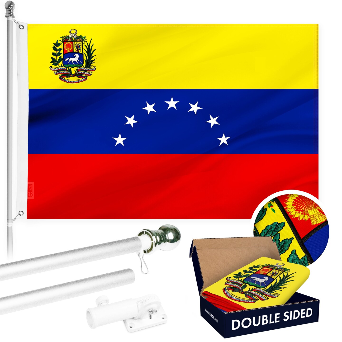 G128 Combo Pack: 6 Ft Tangle Free Aluminum Spinning Flagpole (Silver) &#x26; Venezuela 7 Stars Venezuelan Flag 3x5 Ft, ToughWeave Series Double Sided Embroidered 210D Polyester | Pole with Flag Included