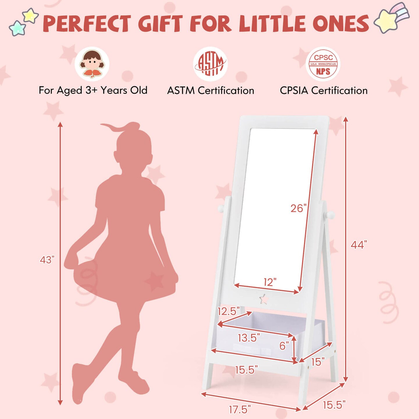 Costway Kids Full Length Mirror 360&#xB0; Rotatable Freestanding Dressing Mirror with Storage Bin White