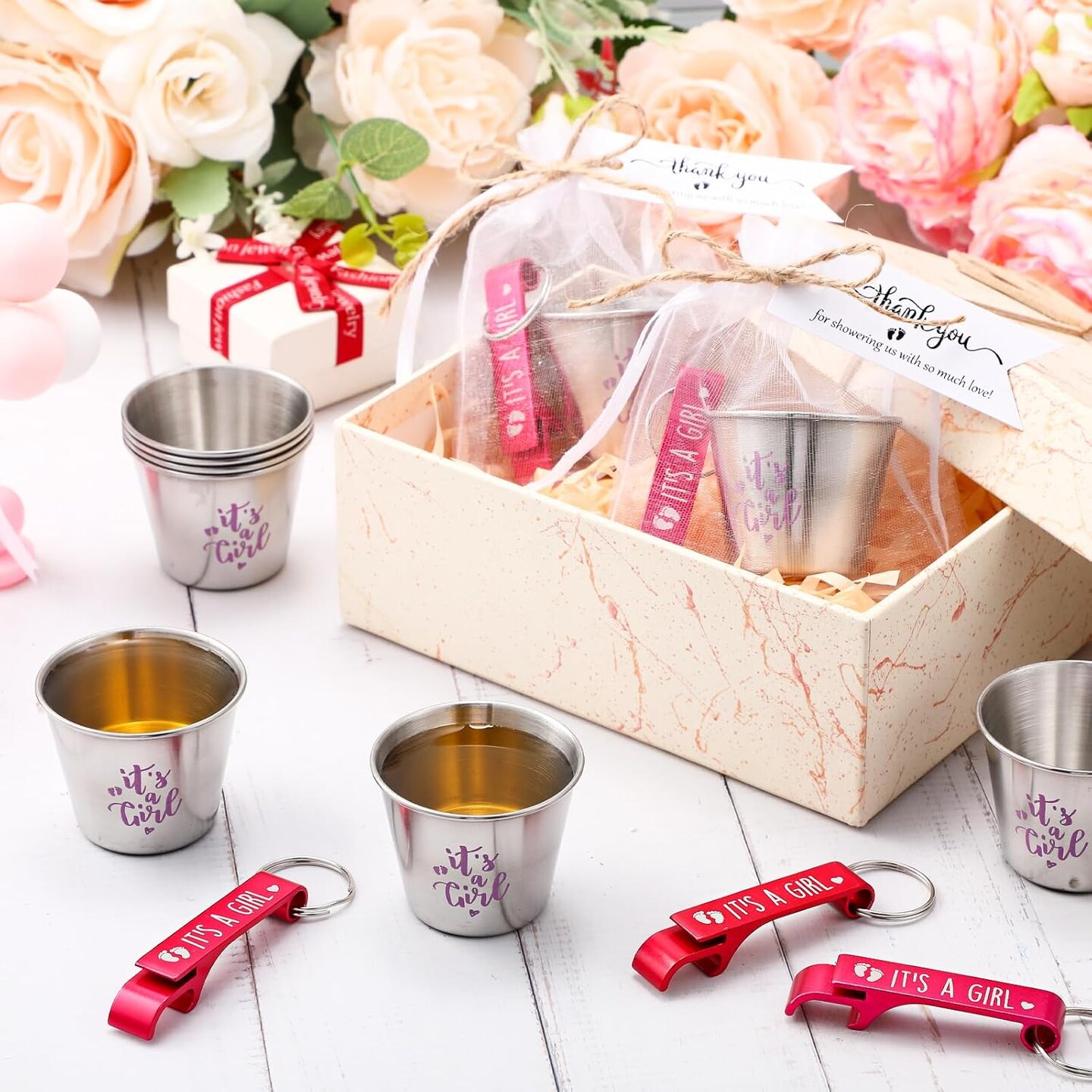 25 Sets Baby Shower Favors for Girls Boys 1.5 oz Stainless Steel Shot Glasses Cute Bottle Opener Keychains Thank You Tags and Bags Gender Reveal Party Favors Guest Return Gift (Pink)