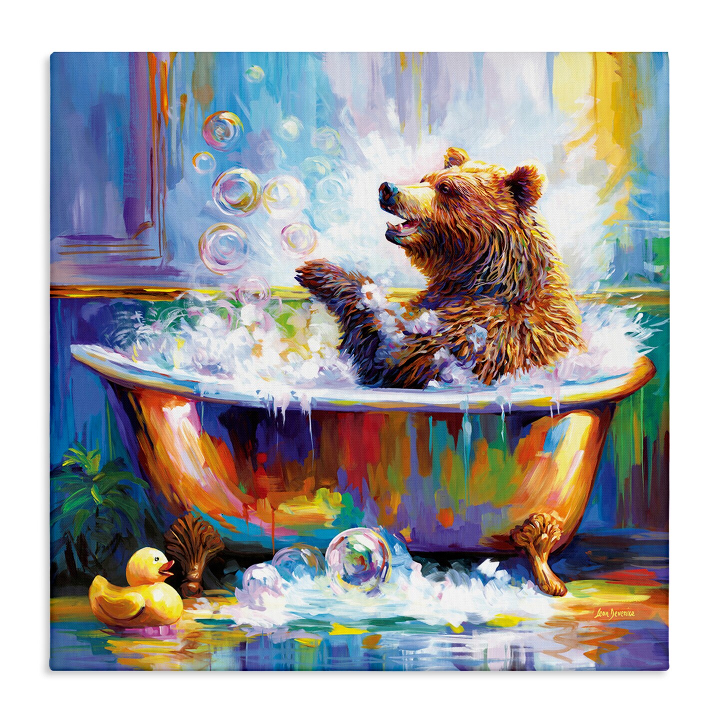 Stupell Industries Happy Bear in Bathtub Canvas Wall Art Design by Leon Devenice