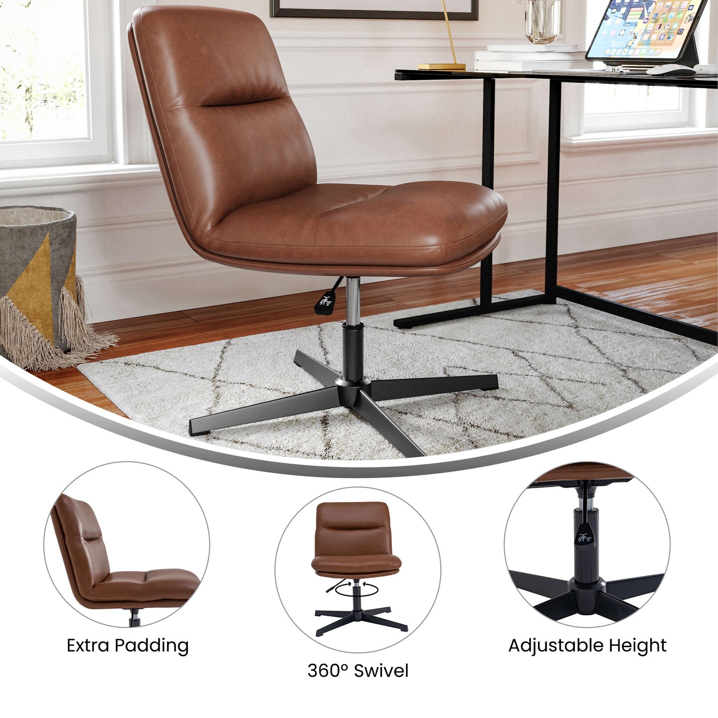 Merrick Lane Biel Mid-Back Height-Adjustable Stationary Armless Swivel Office Chair - Padded Upholstered Back and Seat, Strong Frame