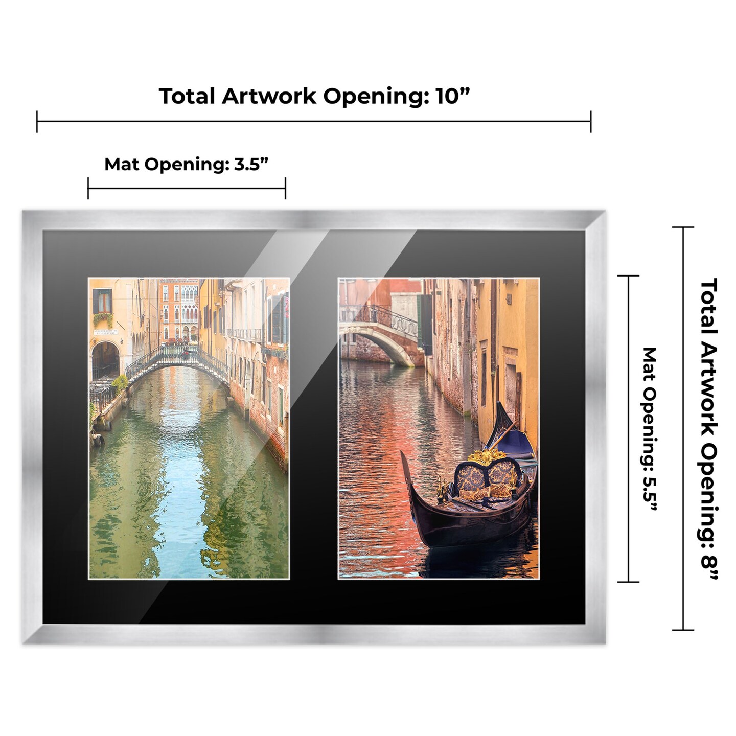 Stainless Steel Silver Wood Finish Collage Frame - Black Mat, 20 Frame Sizes to Choose From, UV Acrylic, Wall Hanging Hardware, Vertical or Horizontal Display