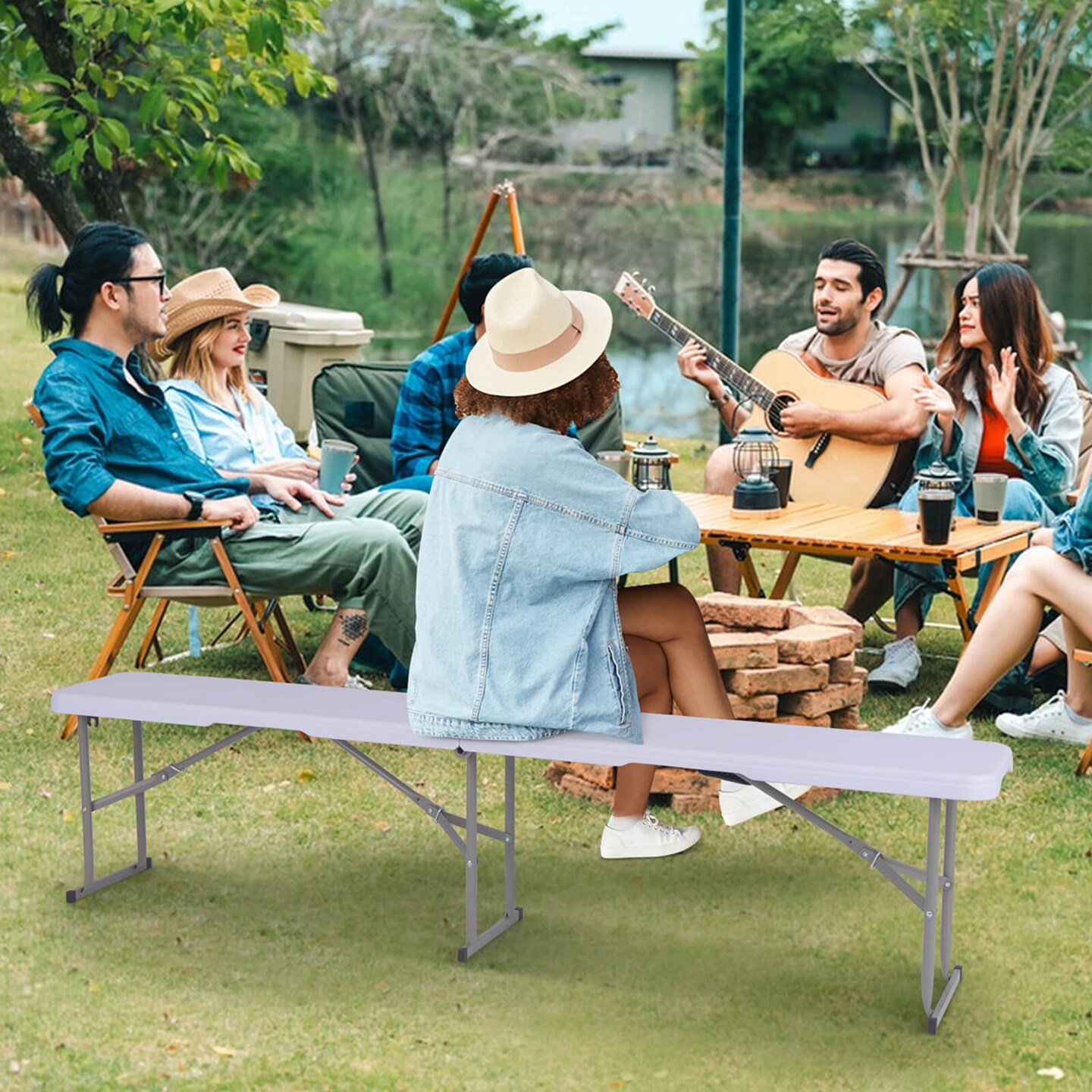 Costway 1/2 PCS Portable Folding Bench with Convenient Handle Non-slip Foot Pads Sturdy Metal Legs