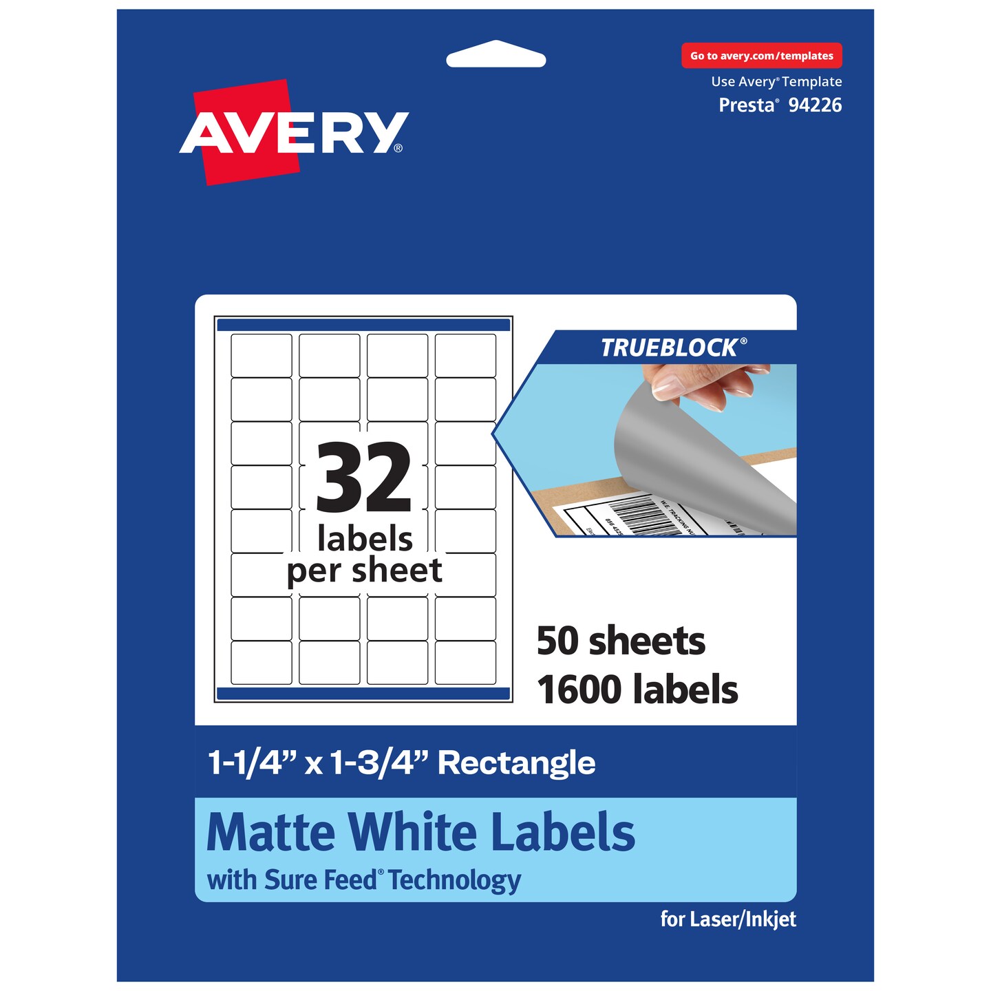 Avery TrueBlock Matte White Paper Labels,  1-1/4&#x22; x 1-3/4&#x22; Rectangle