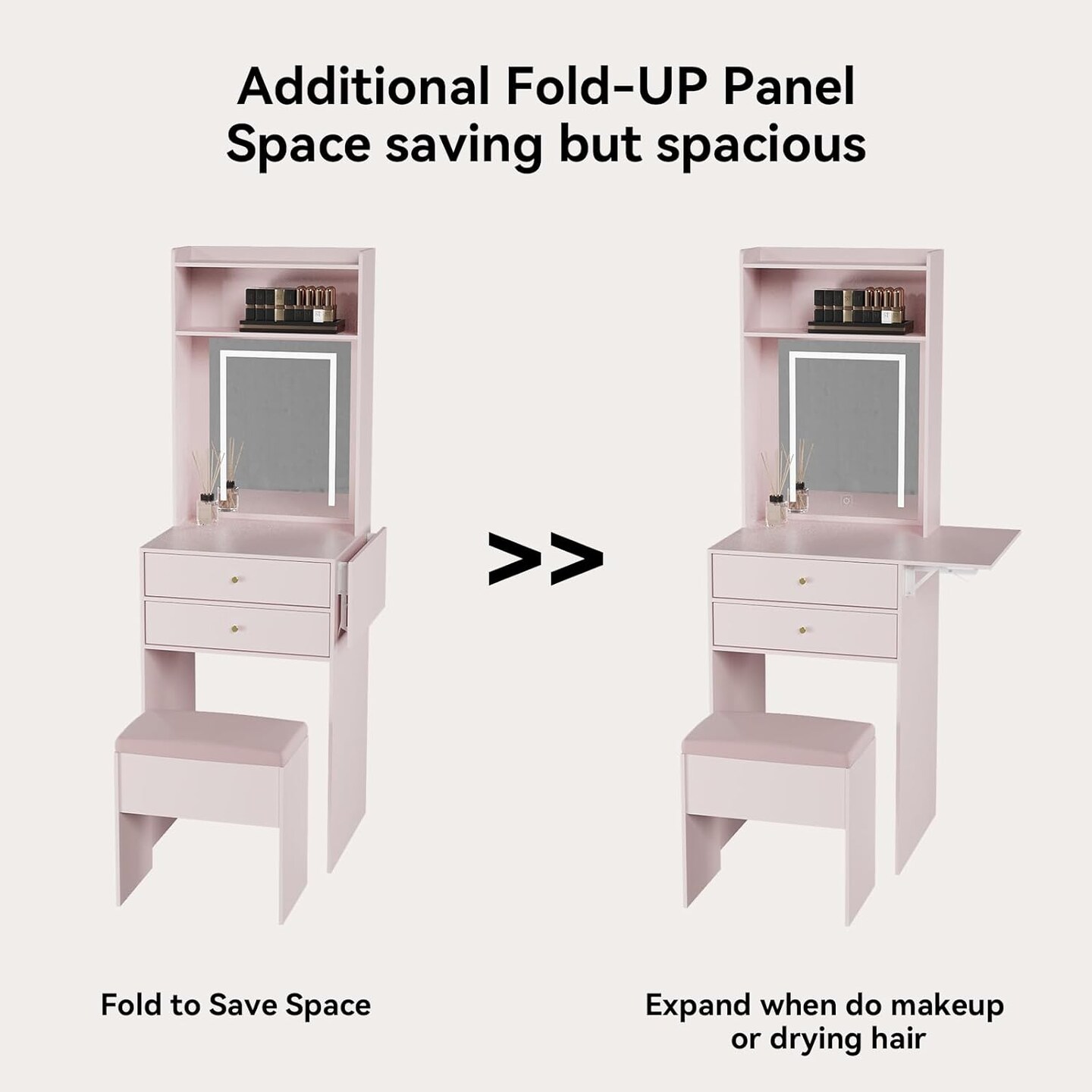 Small Vanity Desk Set with 3 Adjustable Lighted Mirrors and Lights, Pink Makeup Vanities Set for Compact Space with Storage Stool White Dressing Table with Fold-up Panel for Bedroom