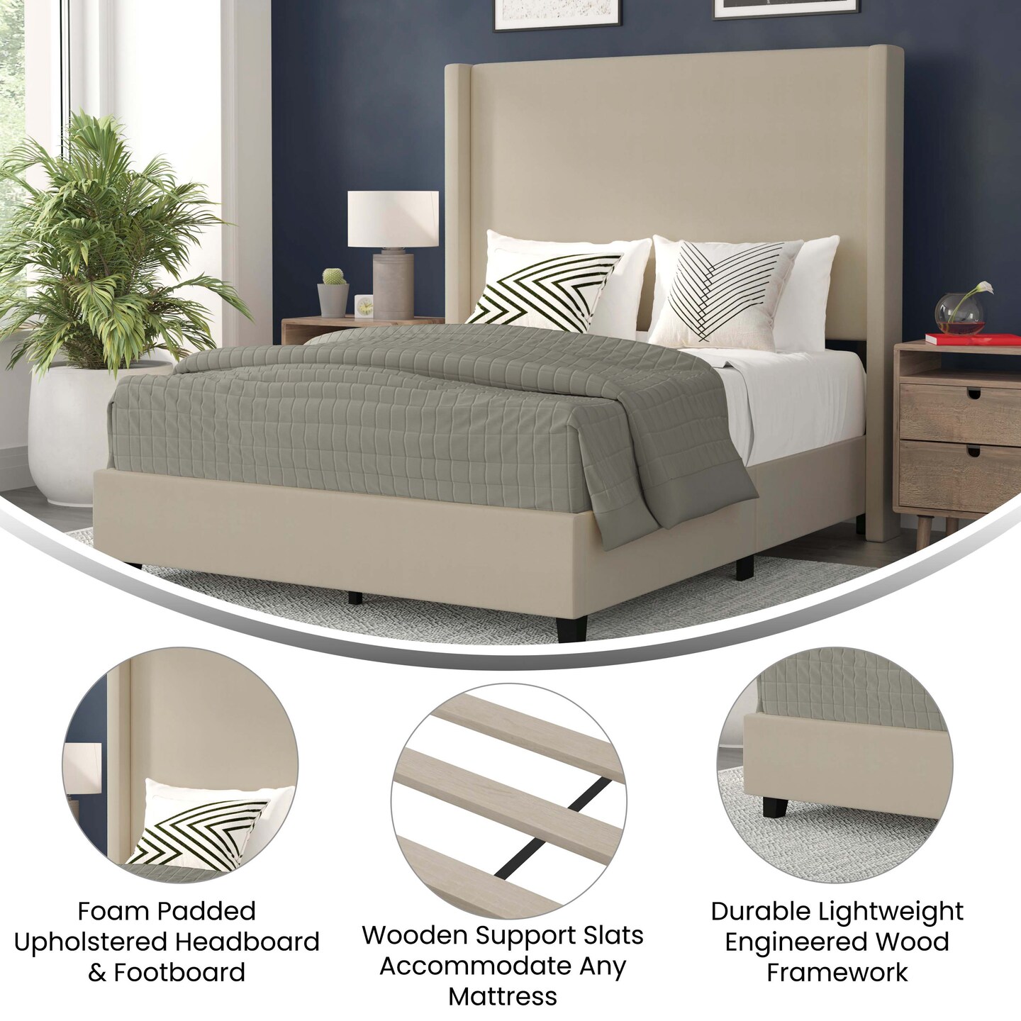 Merrick Lane Bramlett Modern Platform Bed - Gray Faux Linen - Queen - Padded Wingback Headboard - 6&#x22; Floor Clearance - Wood Support Slats - No Box Spring Needed