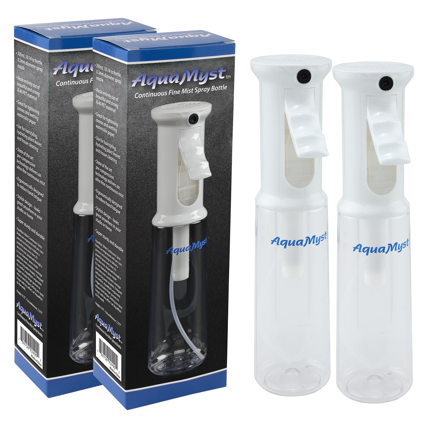 Creative Mark AquaMyst 300 ml Continuous Mist Spray Bottle - 2-Pack - Ergonomic Plant Mister - Water Mister Spray Bottle w/ Pre-Compression Technology, Drip-Free 0.3 mm Nozzle, Clear 10.14 oz Bottles