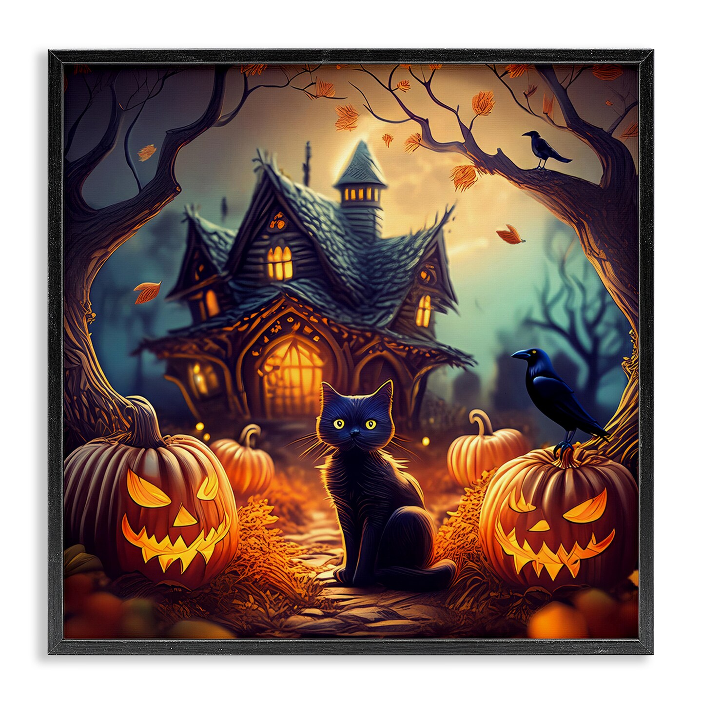 Stupell Industries Haunted House &#x26; Black Cat Framed Giclee Wall Art Design by Alina Georgescu