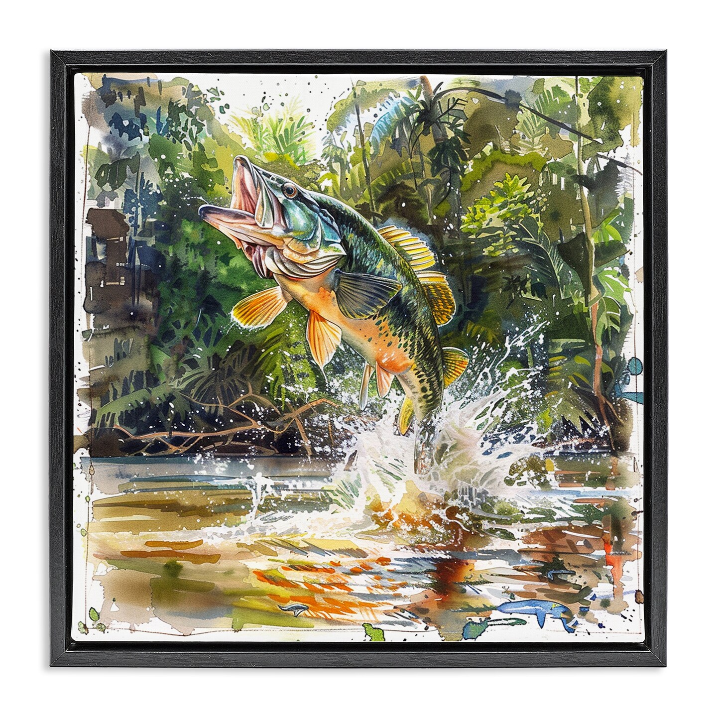Stupell Industries Jumping Bass Fish Floater Framed Canvas Wall Art Design by LSR Design Studio