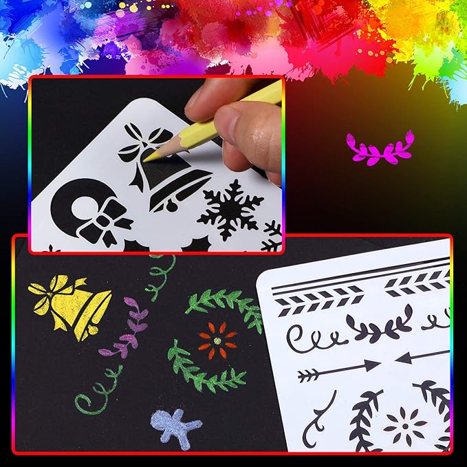 48 Pieces Journal Planner Stencils Plastic Bullet Stencil with A6 File Bag, Steel Ruler and 2 pcs Metal Key Rings for Notebook, Diary, Scrapbook and DIY Drawing Template, Total 52 Pieces
