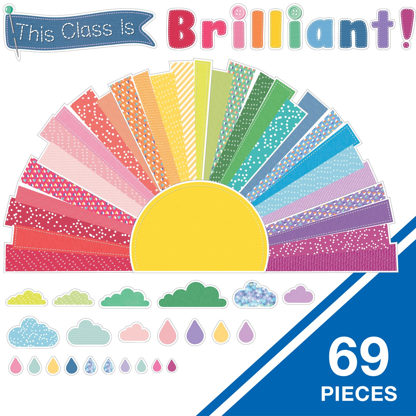 Carson Dellosa Crafty and Cool 69-Piece Motivational Bulletin Board Set, Banner With Inspirational Quote, Sun, Clouds, Grass, and Raindrops Classroom Decor