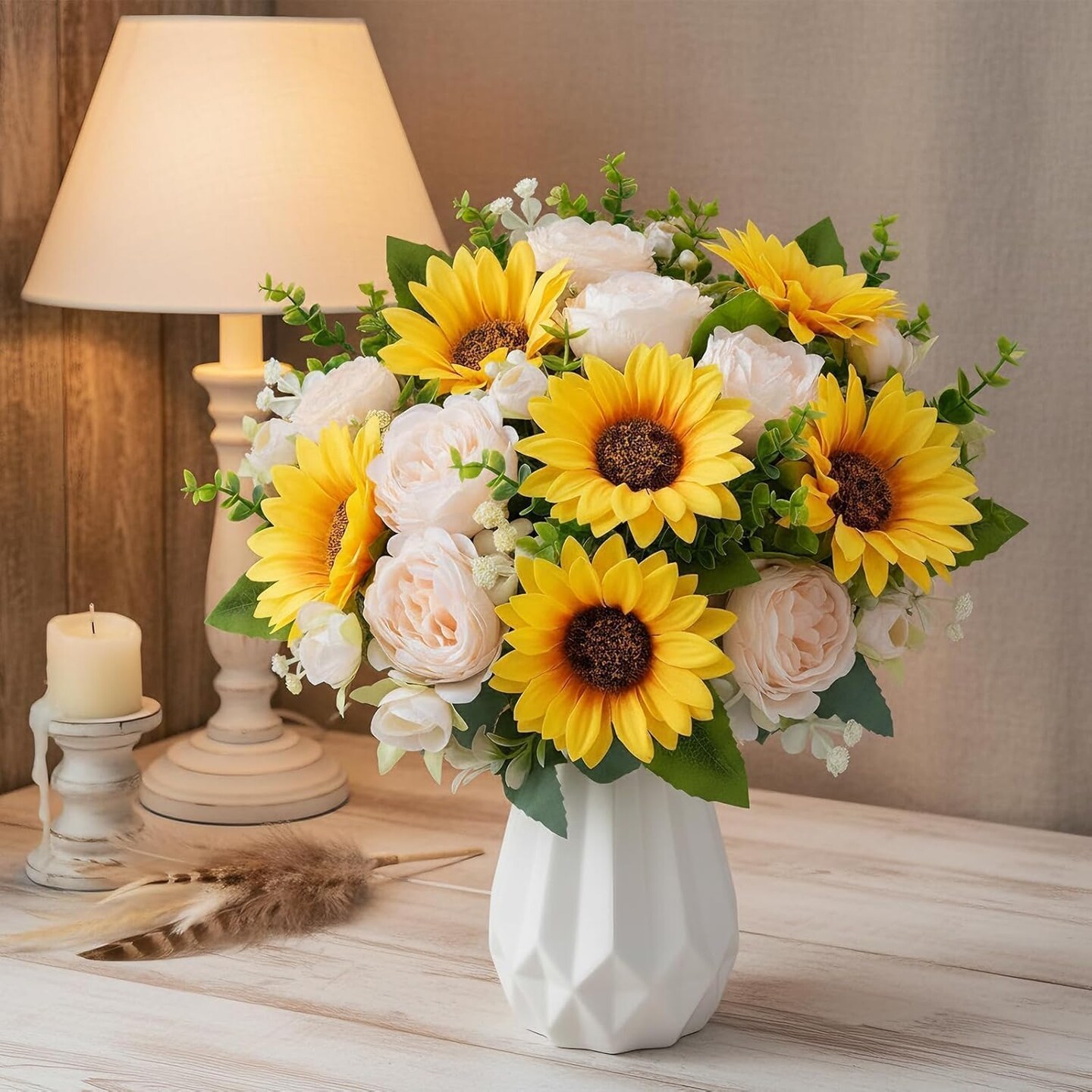 Spring Tabletop Decor – 10PCS Artificial Sunflowers & Faux Peonies, Silk Yellow Flowers for Wedding Bouquets, Table Centerpieces, Cemetery & Home Decoration