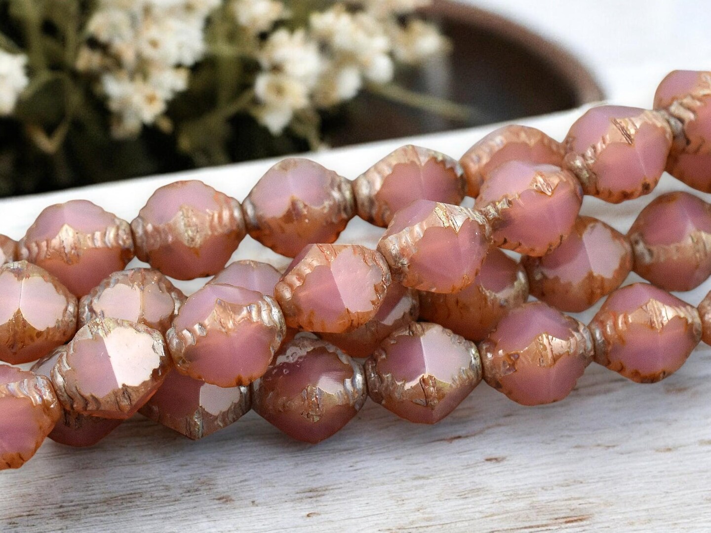 *15* 8x10mm Pink Opaline Picasso Faceted Bicone Beads