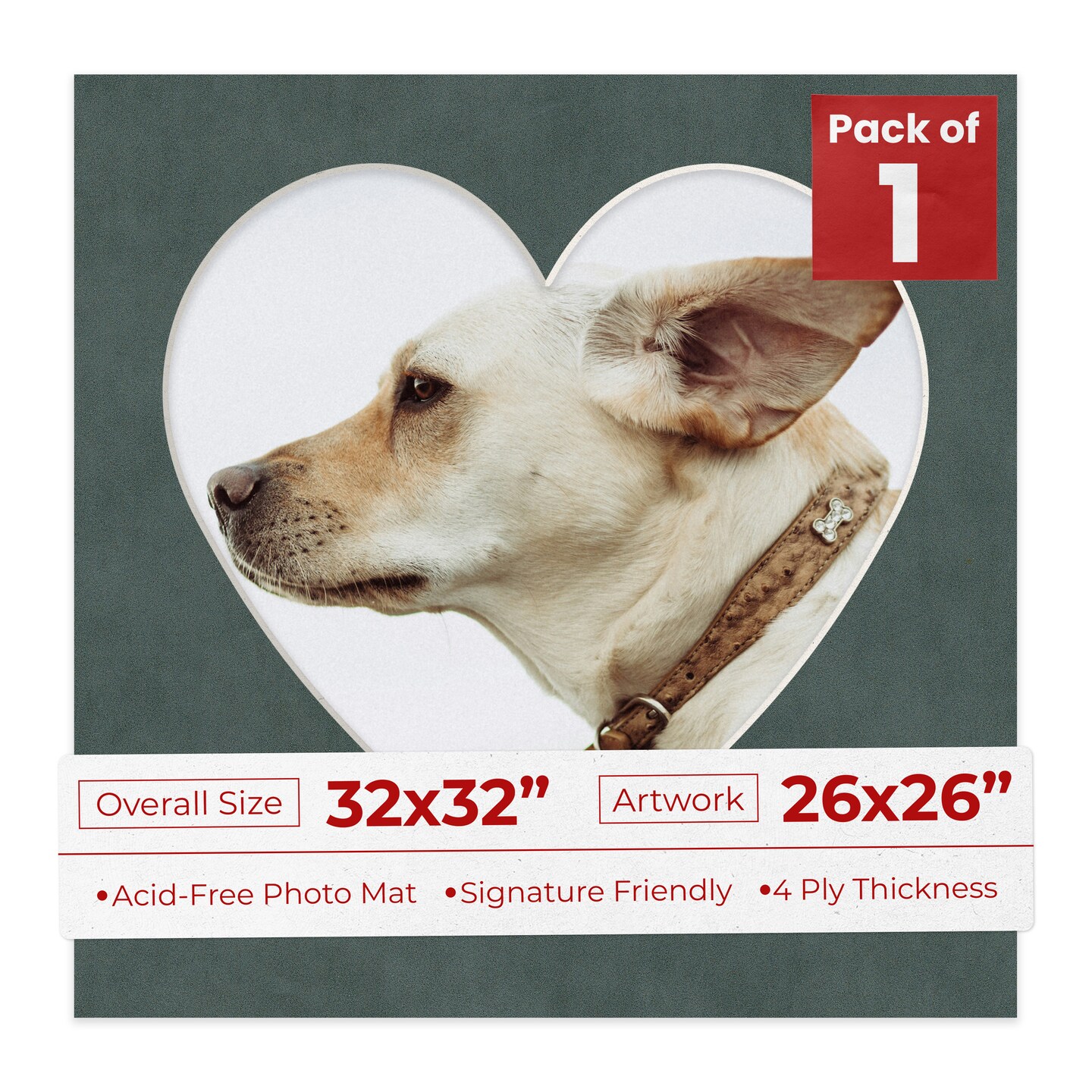 Dark Grey Suede Mat Board for 32x32 Frames - Heart Opening for 26x26 Photos