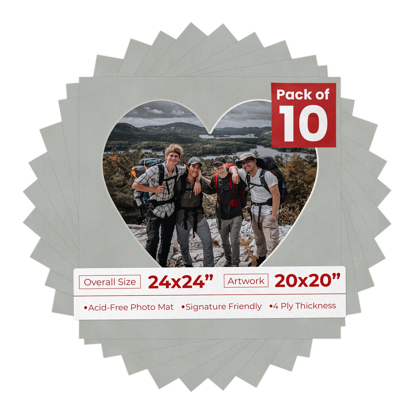 Light Grey Suede Mat Board for 24x24 Frames - Heart Opening for 20x20 Photos