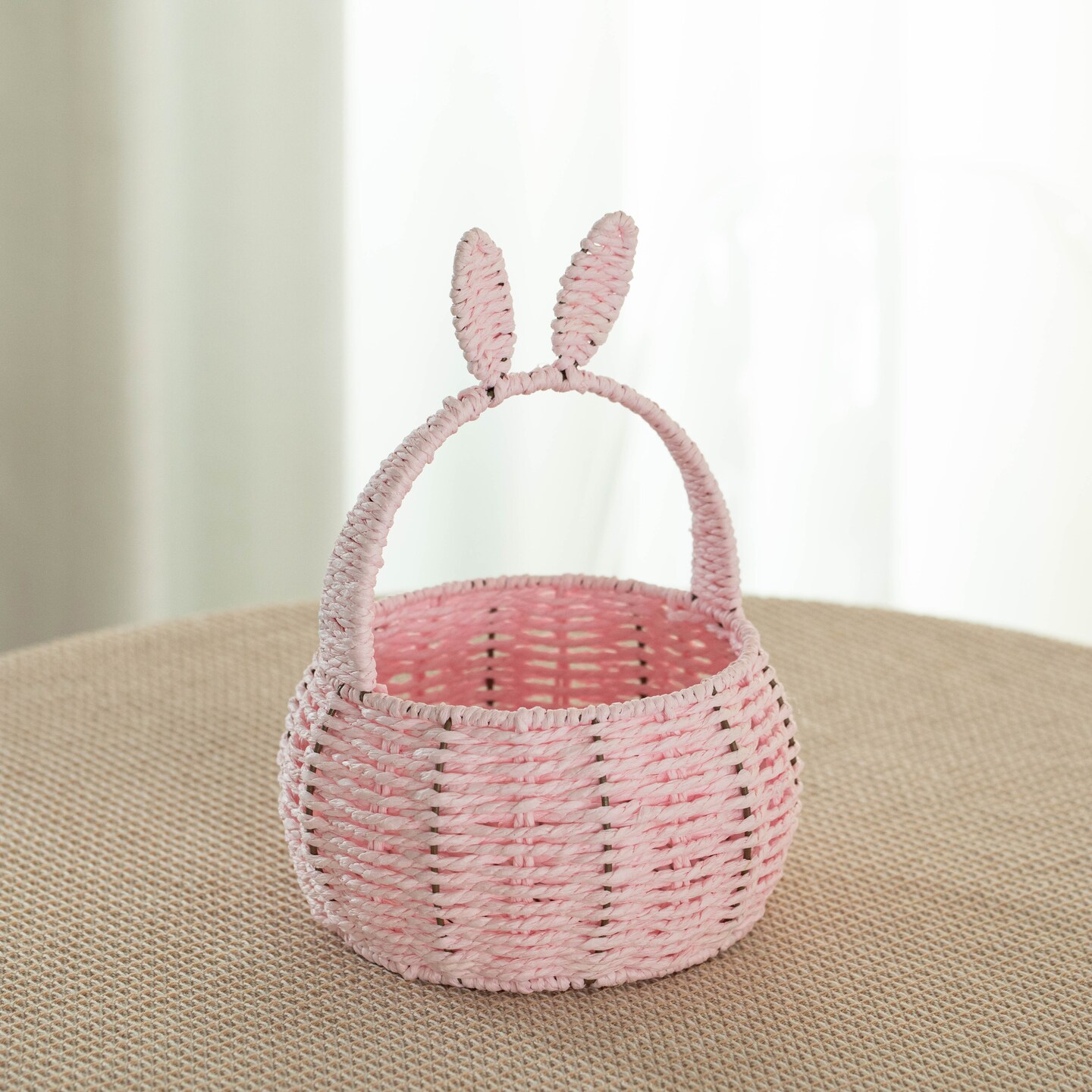 Wickerwise Hand-Woven Easter Bunny Ear Basket with Handle – Multi-Purpose Paper Rope Wicker Basket for Easter Egg Hunts, Picnics, Flower Arrangements, Food Storage, Party, and Home Decor