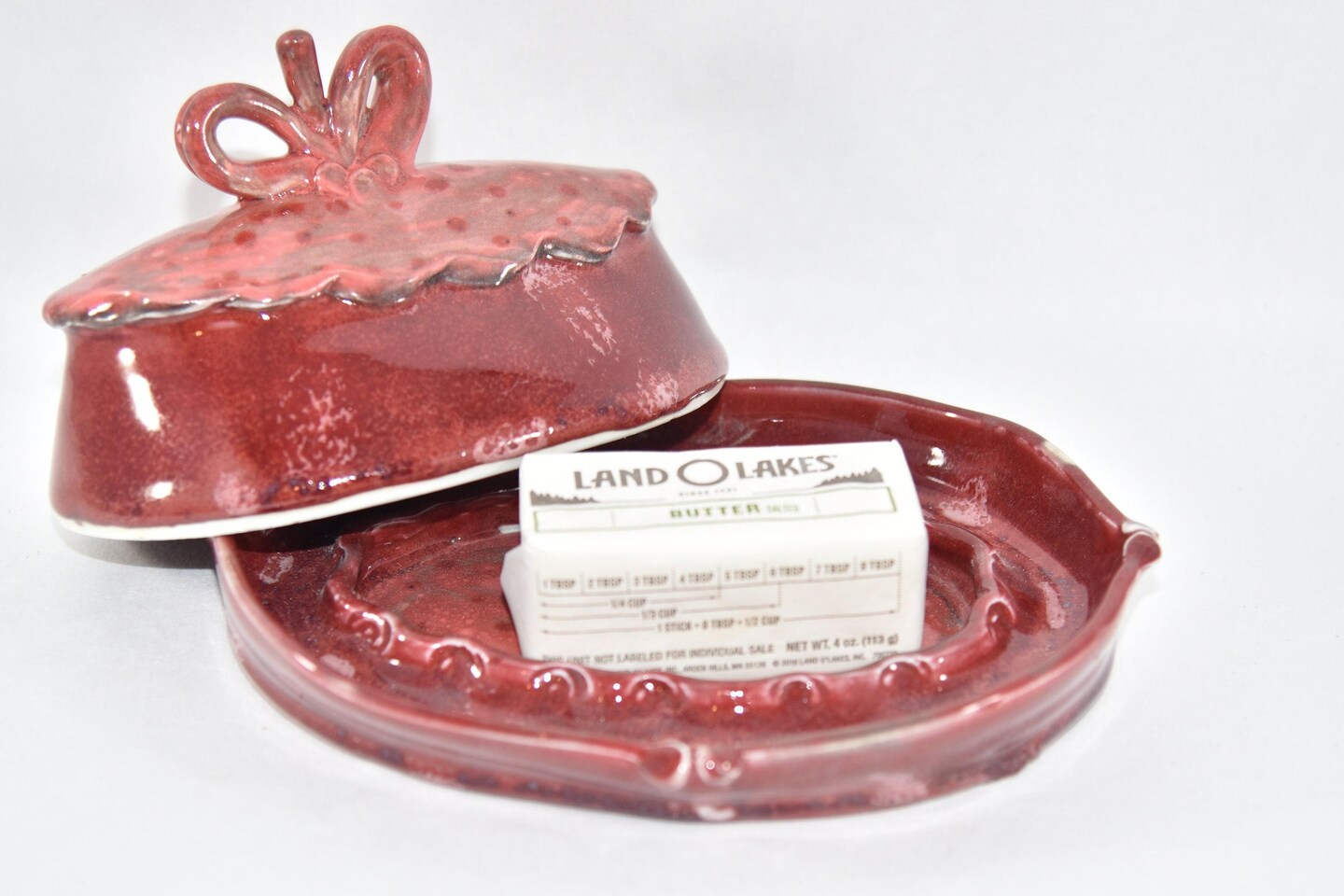 Red Lidded Butter Dish. Porcelain Pottery Butter Keeper. Butter Crock.