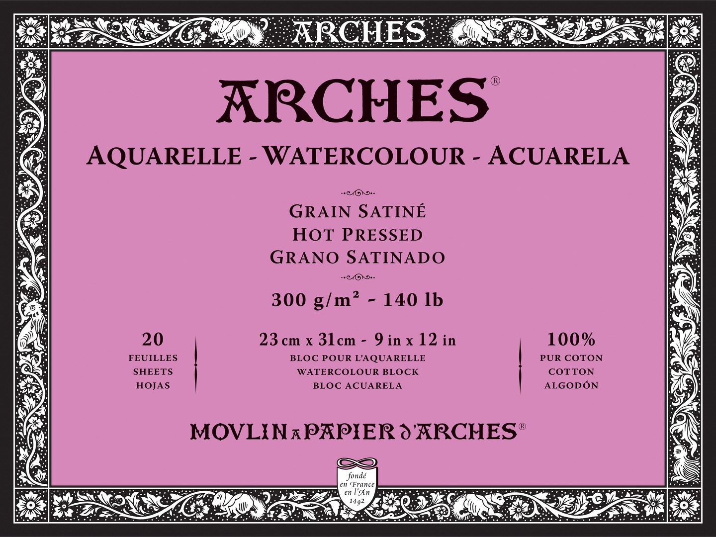 Arches Aquarelle Hot Pressed Watercolor Block 9"X12"- 140lb, 20 Sheets