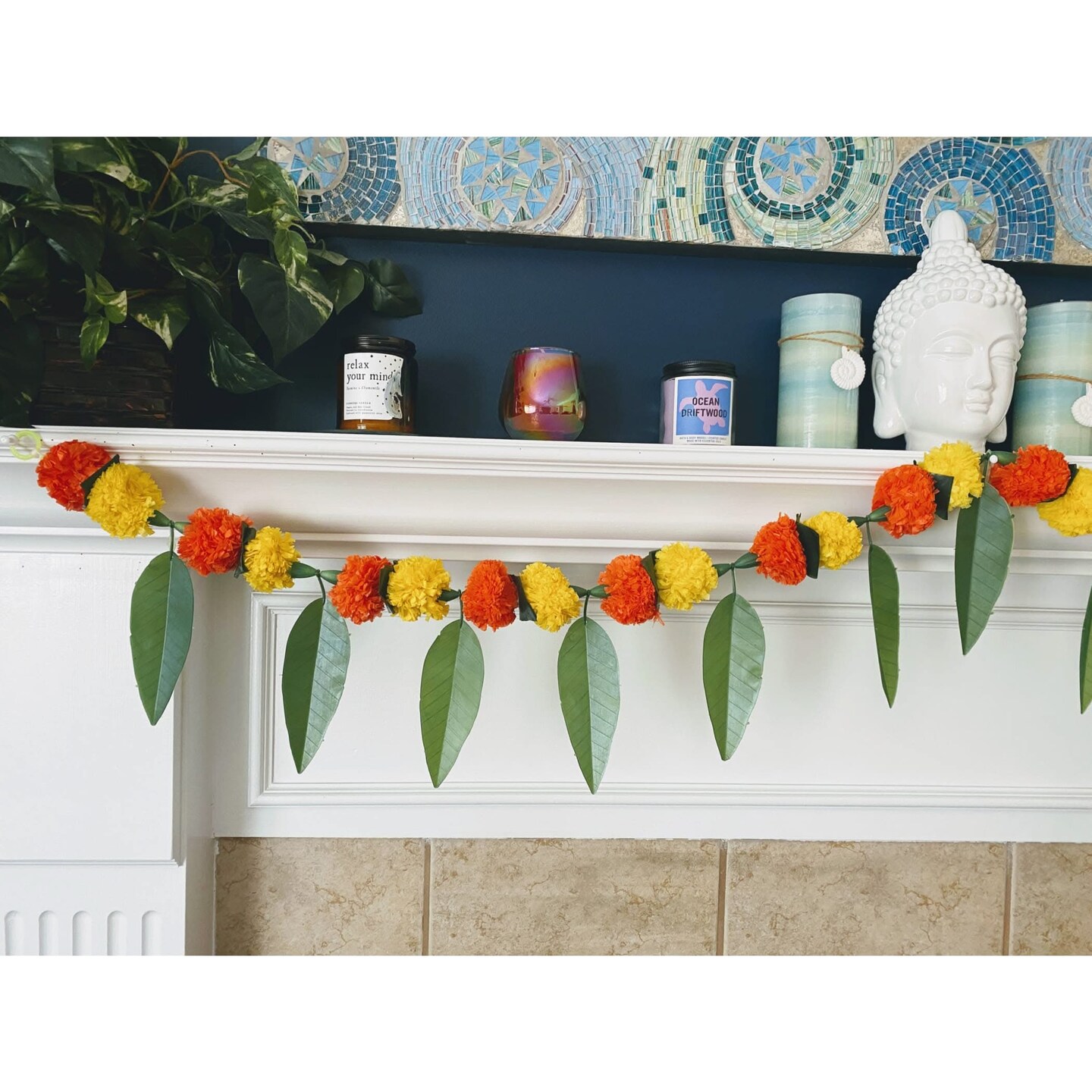5 Feet Marigold Mango Leaf Door Toran Hanging Valance Festival Garland Indian Wedding Decor Indoor Outdoor Bandarwal Pooja Decor Diwali Decoration