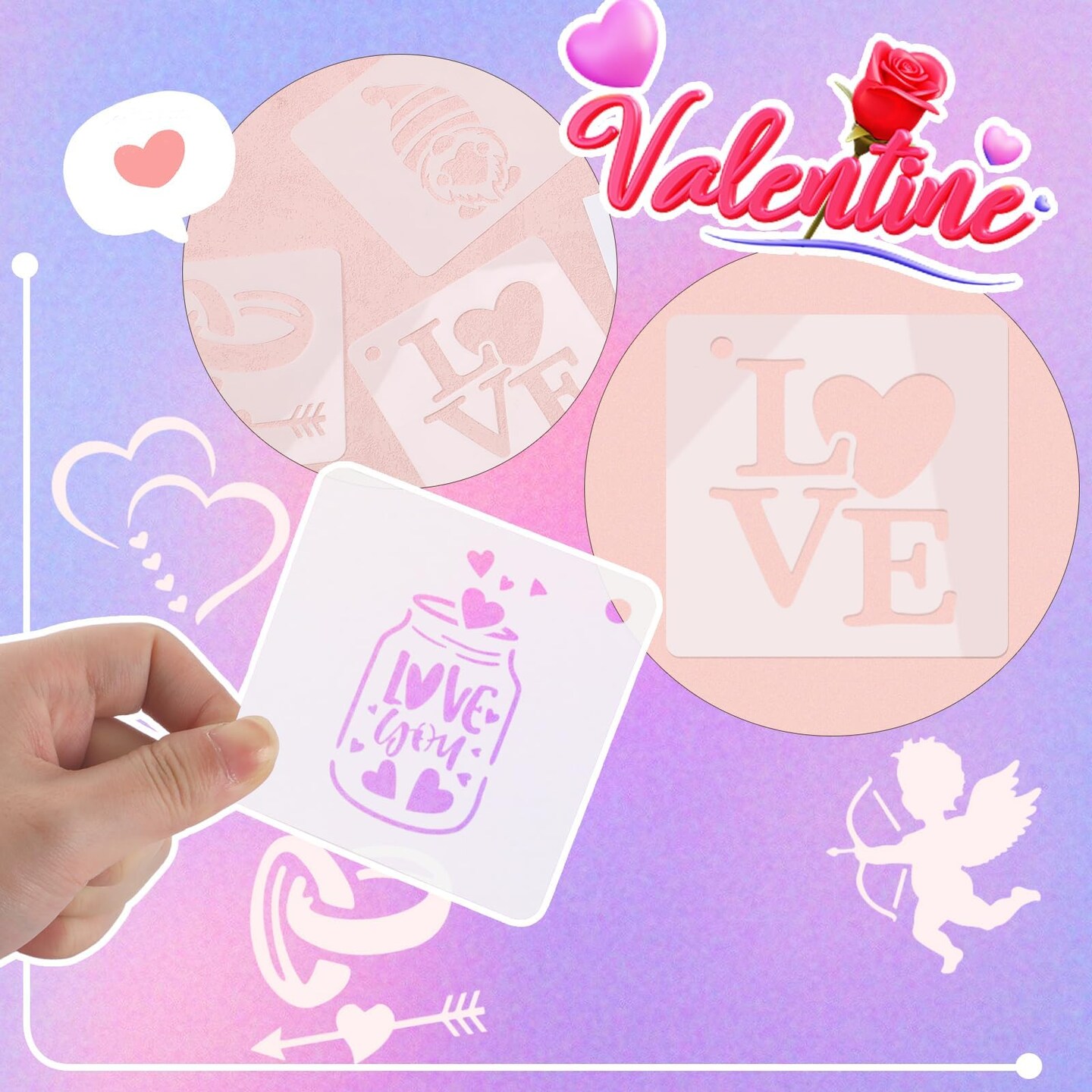 JULMELON Valentine&#x27;s Day Stencils, 20Pcs Valentine Drawing Templates Reusable Plastic Template Stencils for Wall Floor Decor DIY Rock Dot Painting Art Projects (3inch)