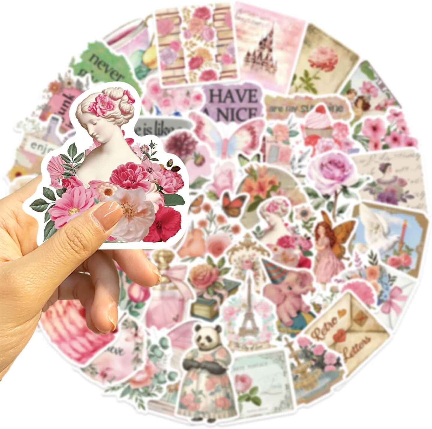 50pcs Vintage Pink Aesthetic Floral Sticker for Scrapbooking(Pink Floral)