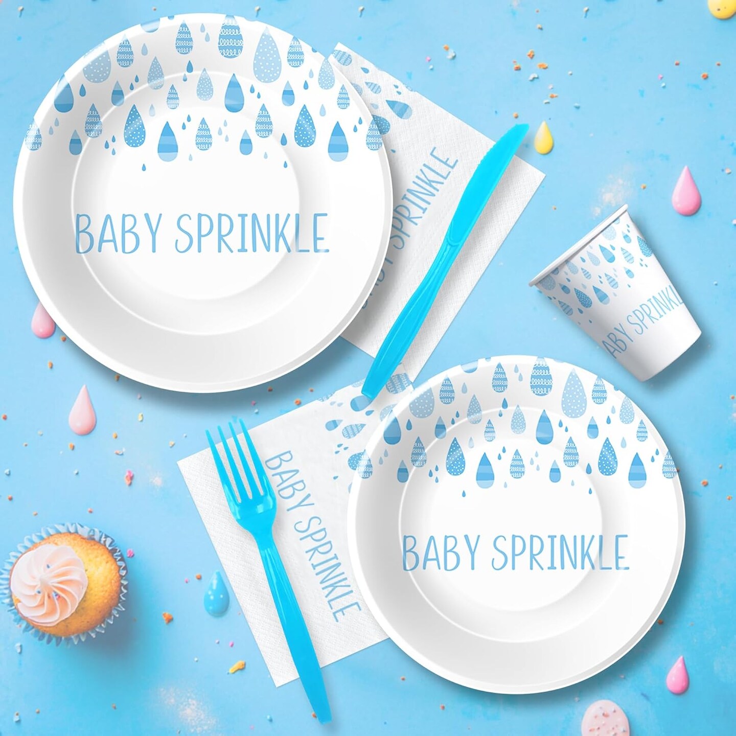 Blue Raindrop Sprinkle Baby Shower Tableware - Serves 24