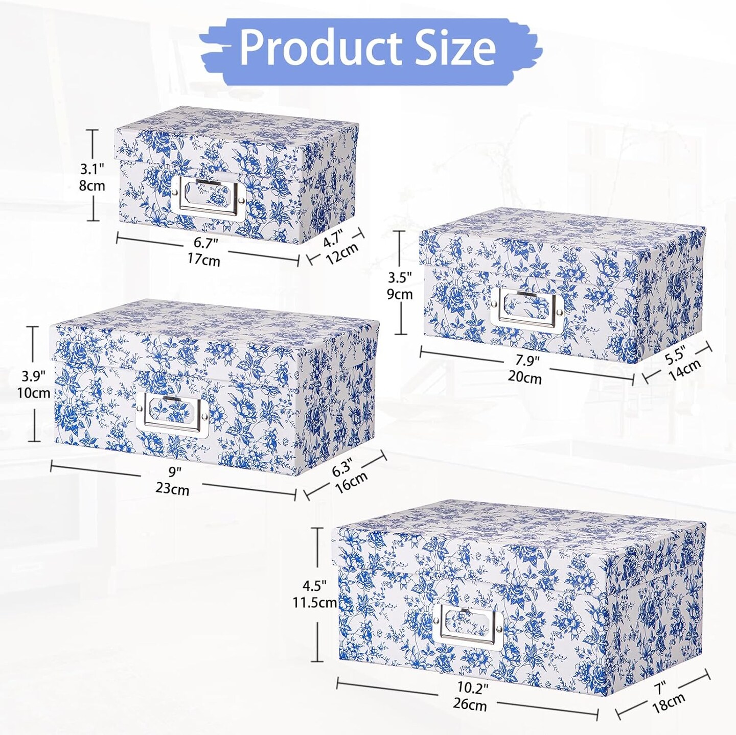 Blue and White Porcelain Storage Boxes with Lids (Rectangular Set 4)