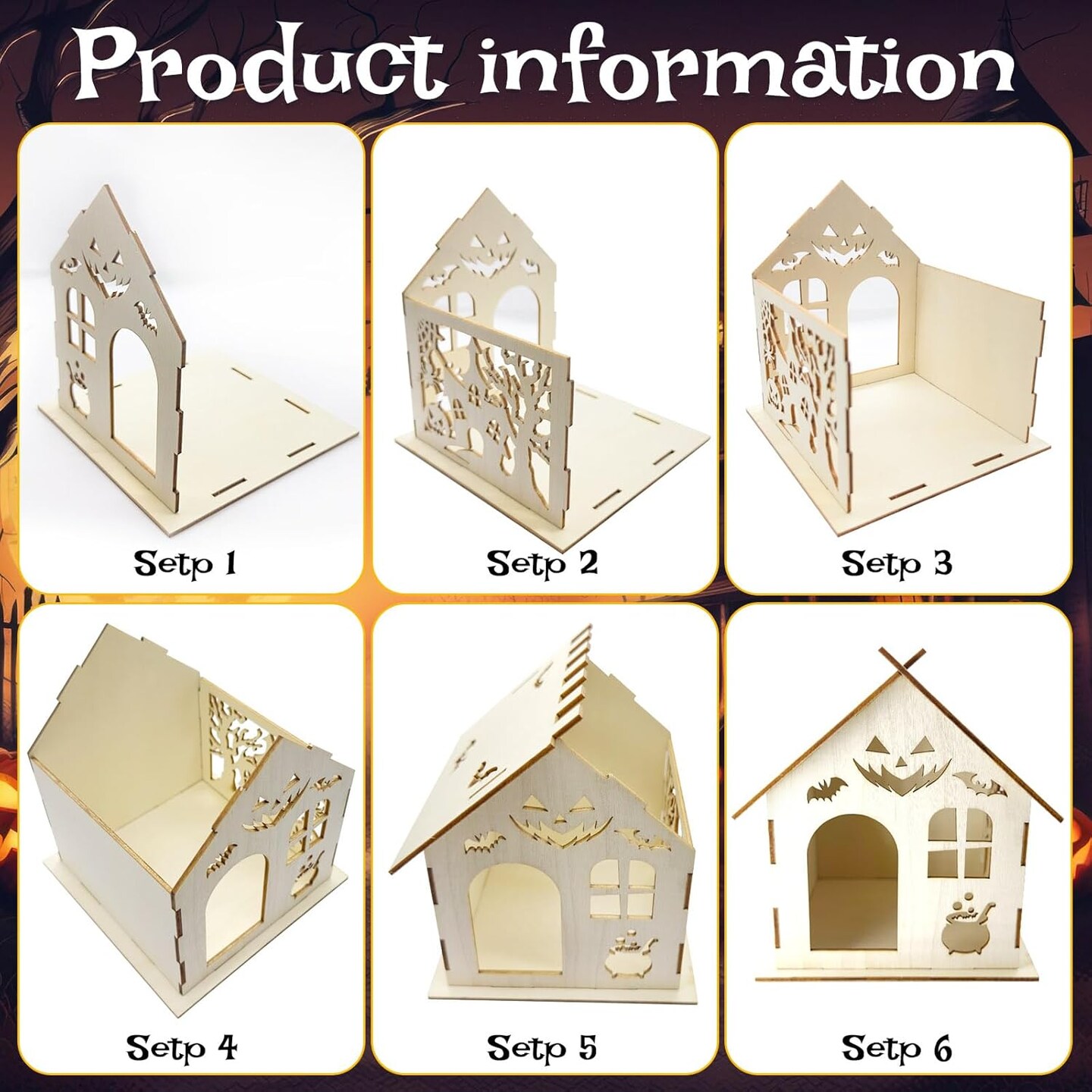 6 Set Halloween Craft Kit&#xFF0C;DIY Wooden Halloween Castle House Craft Kit