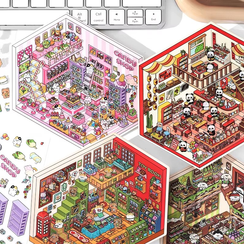 Cute Toy Shop Sticker Scene Activity, Isometric Kawaii Stickers, Adorabilities