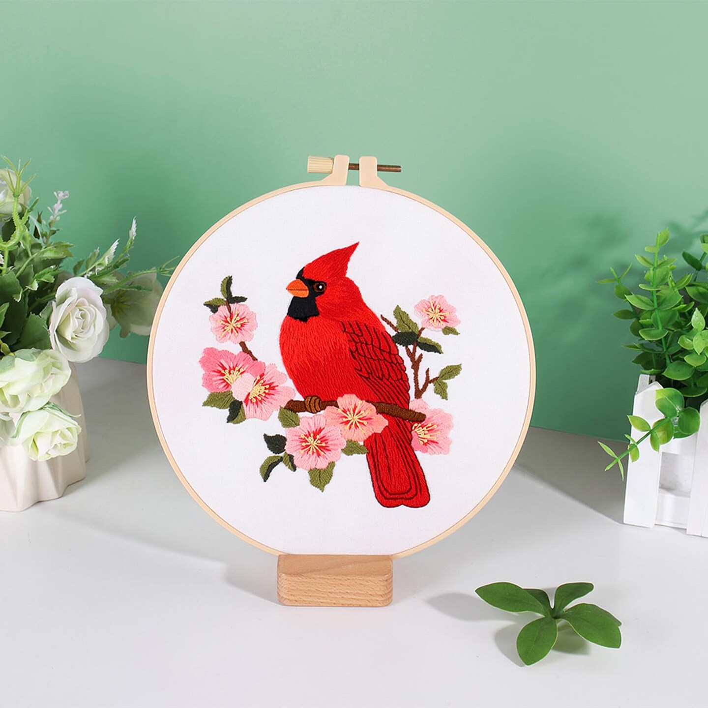 Louise Maelys Cardinal Embroidery Kits for Beginners with Bird Flower Pattern,Adults Starter Cross Stitch Kit DIY Needlepoint