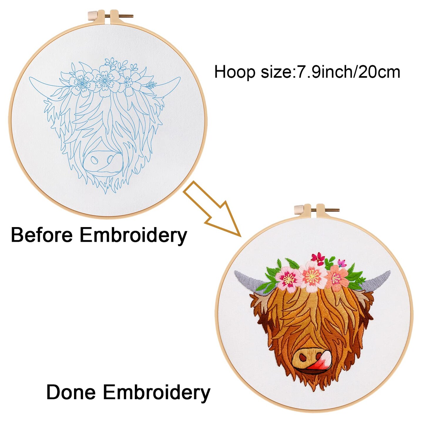 Louise Maelys Highland Cow Stamped Embroidery Kits for Beginners, Cross Stitch kit for Adults Include Instruction,Cloth,Hoop, Needles, Color Threads