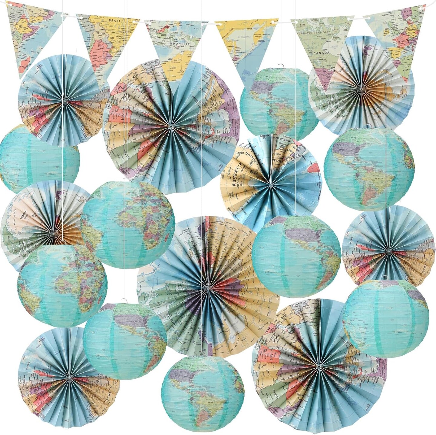 19 Pcs Map Classroom Decorations Travel Themed Party Decorations Globes Hanging Paper Lantern Fans Triangle Flags