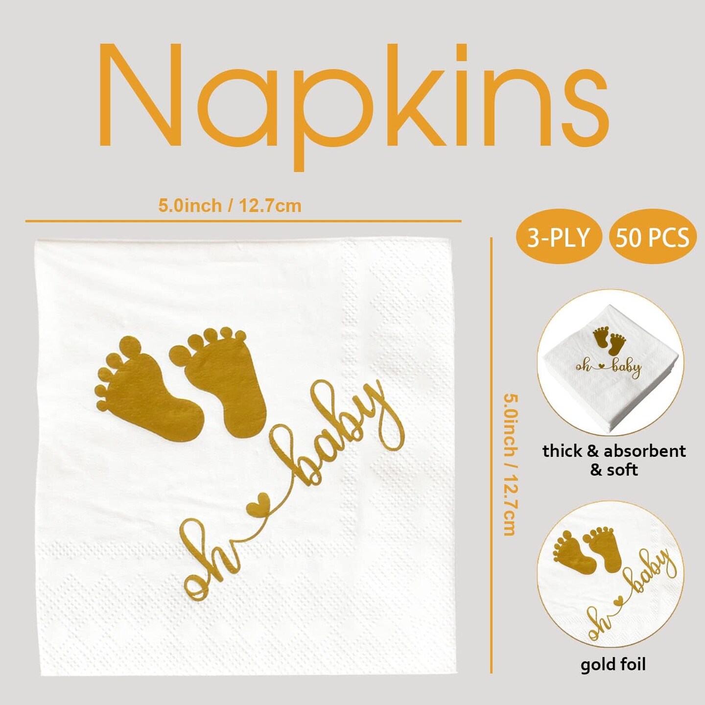 Pack of 50 Baby Shower Oh Baby Napkins 3 Ply (White & Gold) 10 x 10 inches