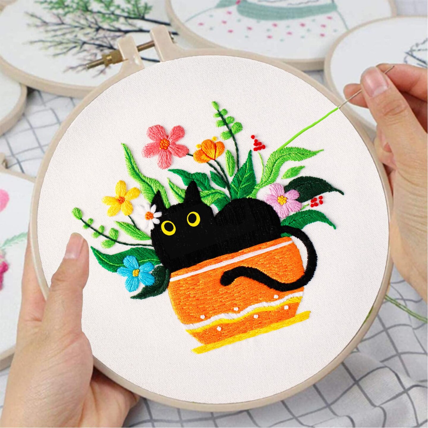 Embroidery kit with Cat Plant Stamped for Starters, Cross Stitch Kits for Beginners Adults, Include Embroidery Cloth, Hoop,Needles,Instruction and Threads
