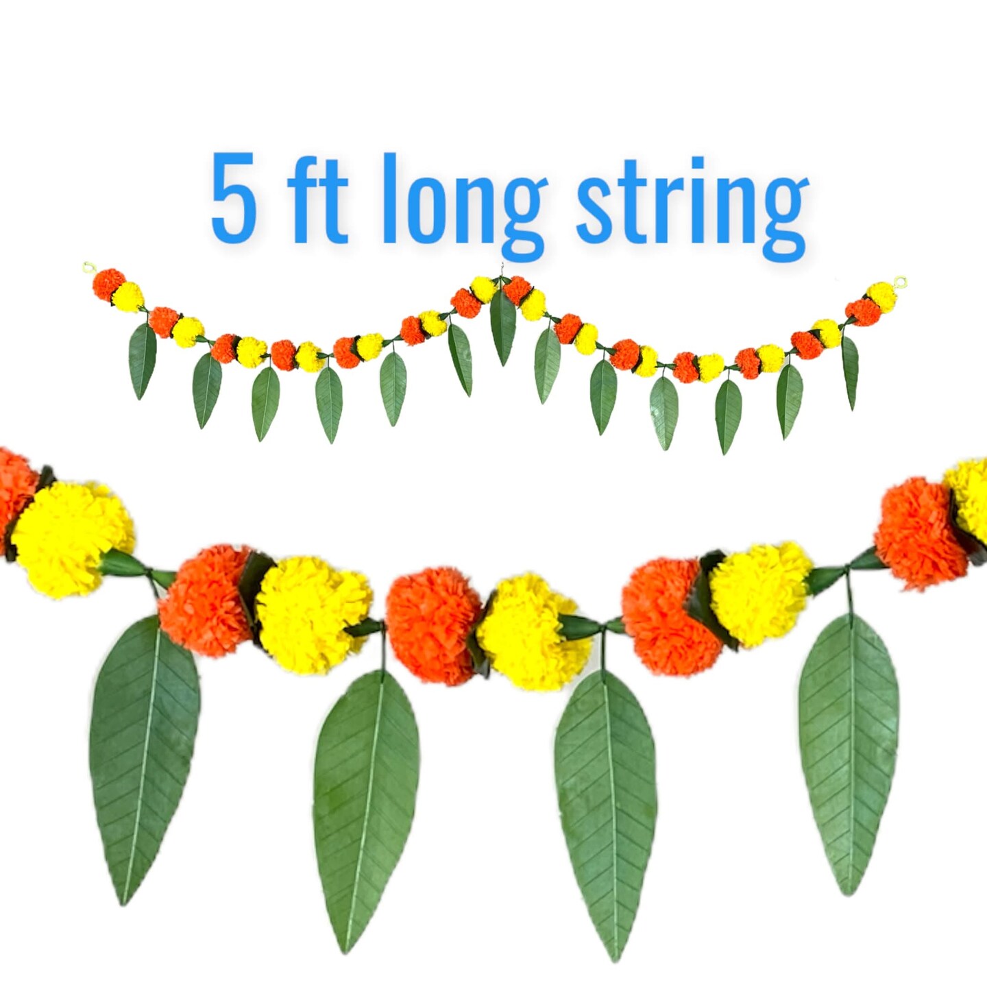 5 Feet Marigold Mango Leaf Door Toran Hanging Valance Festival Garland Indian Wedding Decor Indoor Outdoor Bandarwal Pooja Decor Diwali Decoration