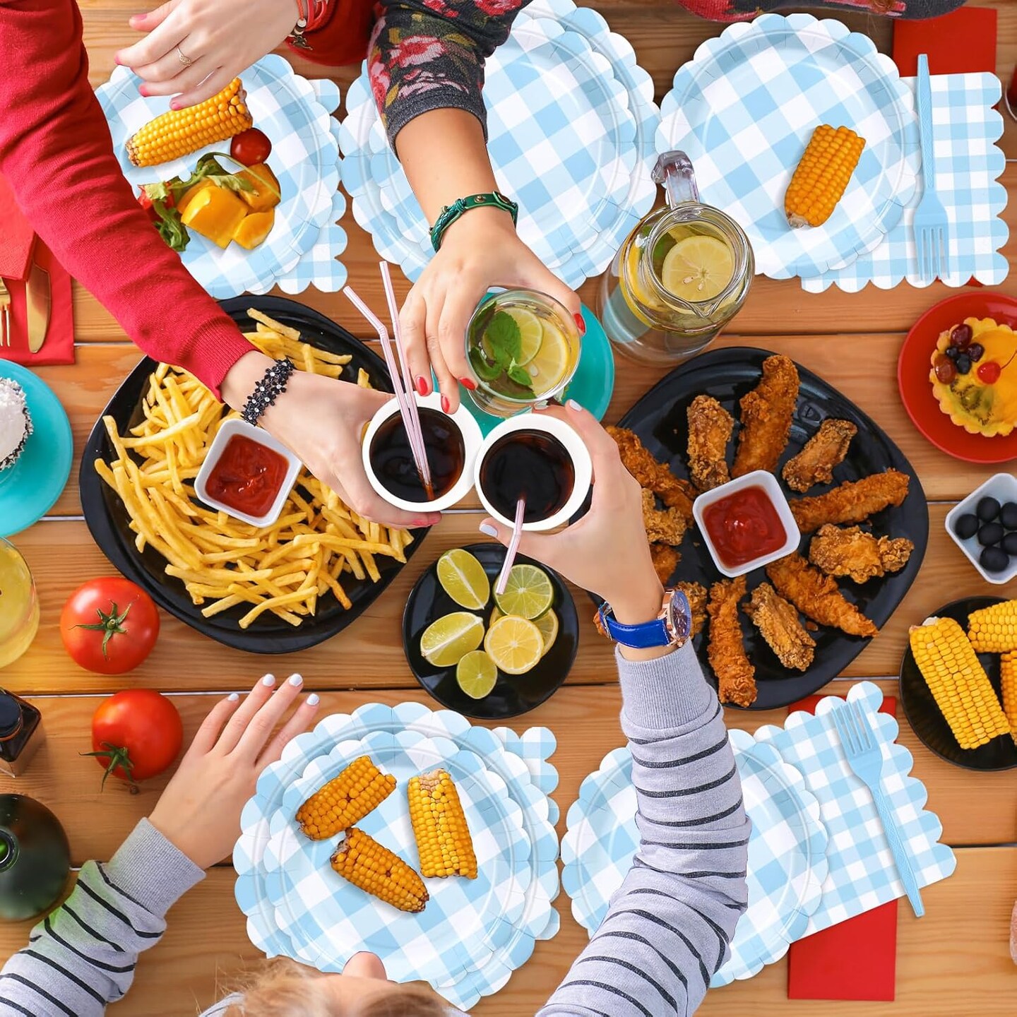 96 Pcs Blue Gingham Baby Shower Tableware 24 Guests (96 Blue Gingham)