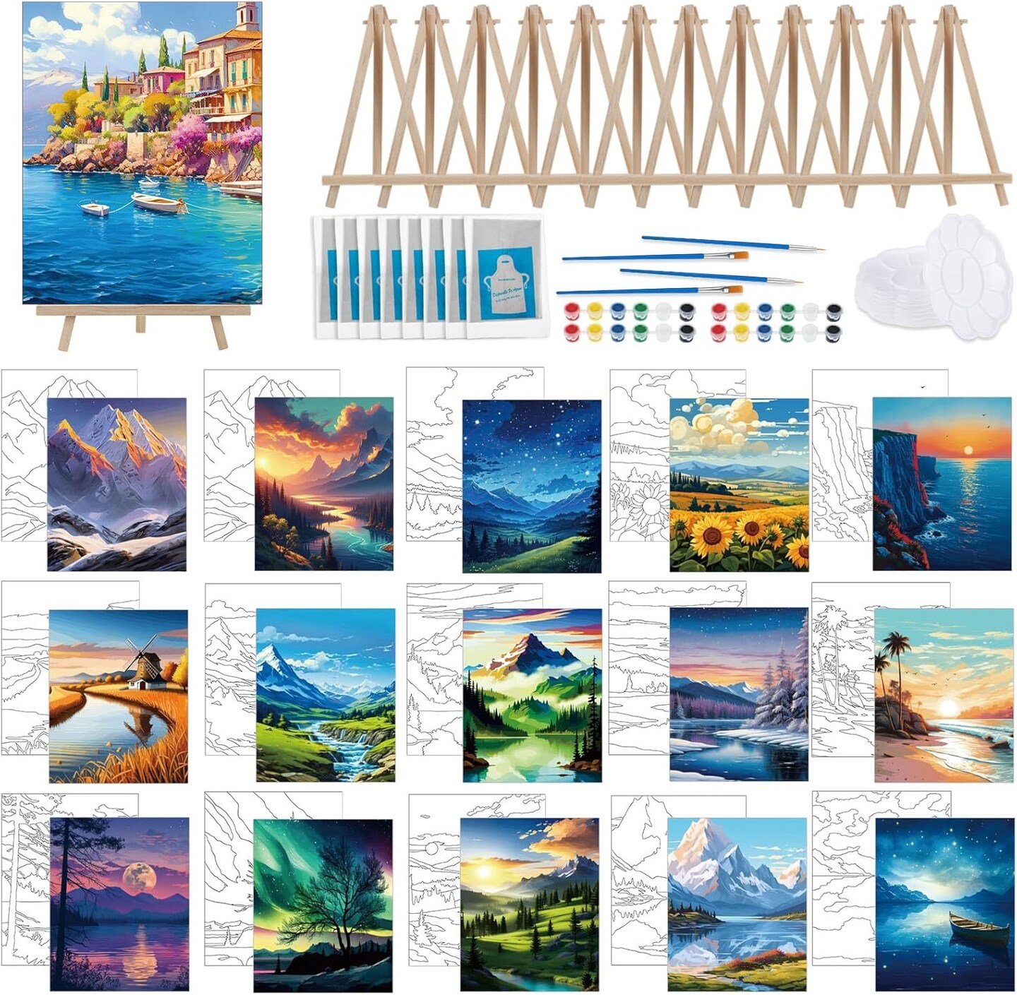 16 Sets Pre Sketched Coloring Canvas with Easels and Brushes (8x10 Inch, Landscape)